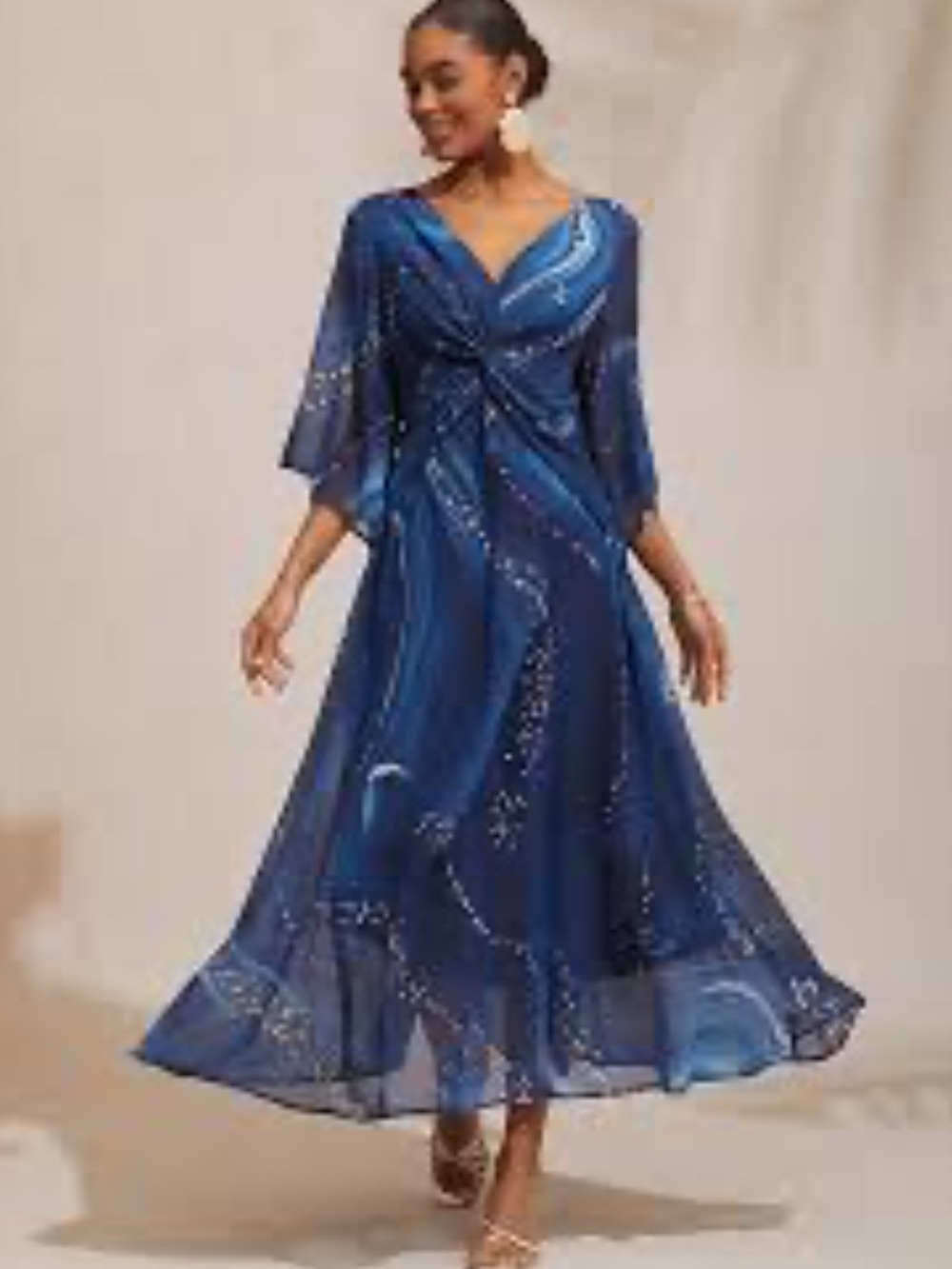 Adore Navy Blue Twist-Front Maxi Dress with Speckled Print